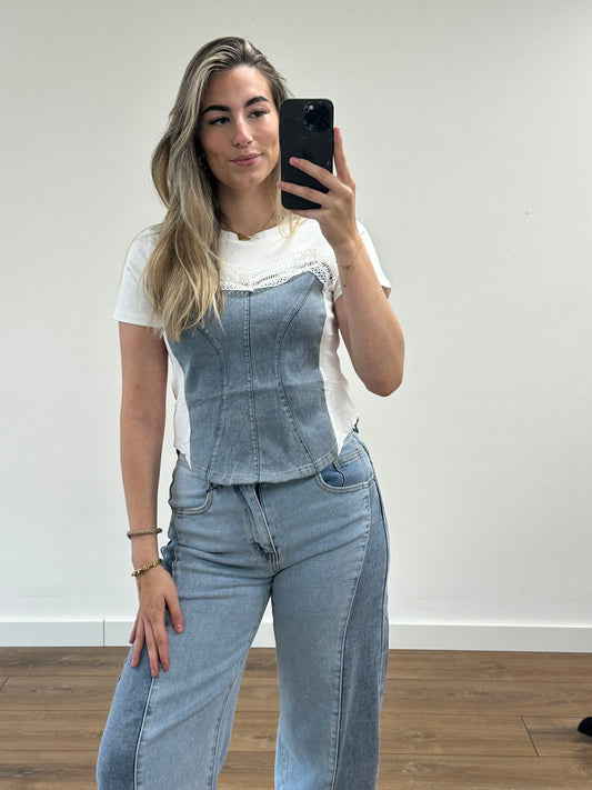 Denim Corset Tee - White